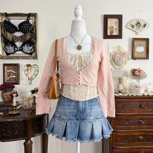 y2k dainty coquette pink cropped knit cardigan w sequin details and hook and eye